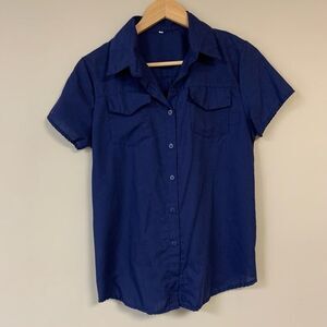 Navy Blue Button Down Shirt Women’s Small Fitted Short Sleeve Lightweight Career